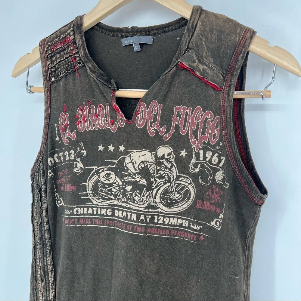 Vince. Grunge biker El Diablo Del Fuego Tank Top Shirt Sleeveless Distressed Vtg - Picture 2 of 12